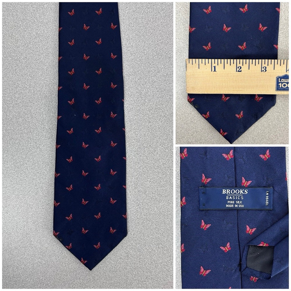 Brooks Basics Butterflies‎ Blue Red Silk Neck tie Made In USA